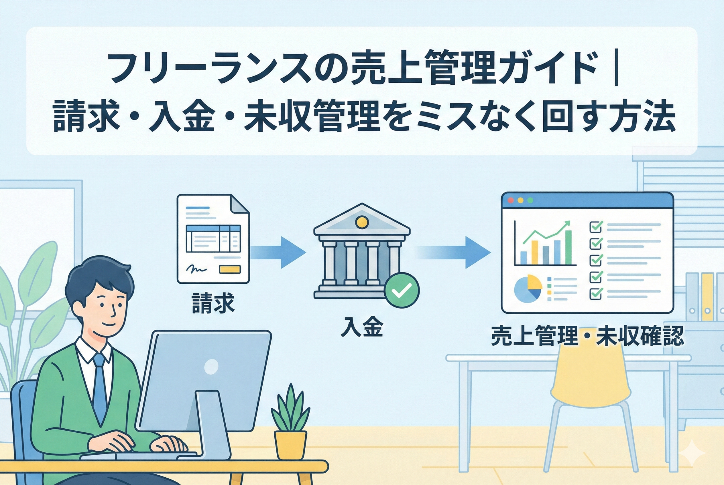 パソコンで売上データや請求書の送付状況を確認しているフリーランスのイラスト。背景には入金スケジュールや売上グラフが描かれた、清潔感のあるデザイン。