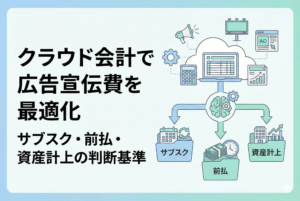 クラウド会計を活用した広告宣伝費の最適化をイメージしたイラスト。画面左に「クラウド会計で広告宣伝費を最適化｜サブスク・前払・資産計上の判断基準」という文字があり、右側にはクラウド、電卓、広告アイコン、そして「サブスク」「前払」「資産計上」に分類されるフォルダが清潔感のあるデザインで描かれています。