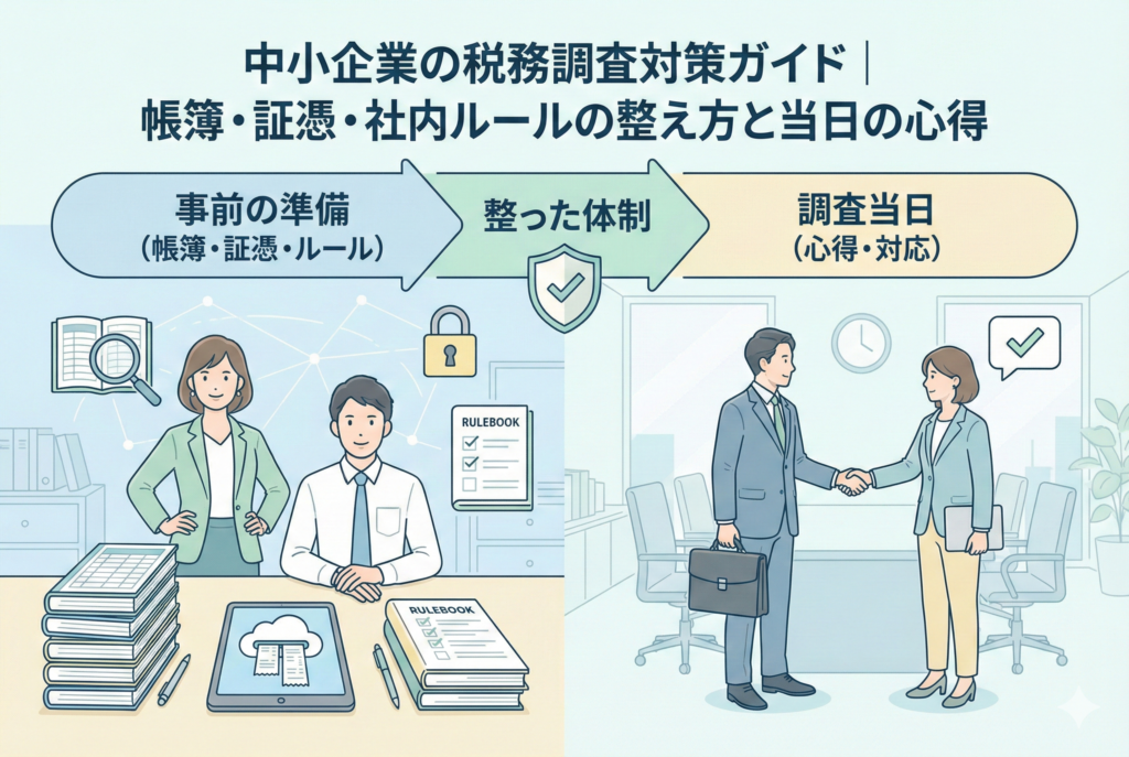 中小企業の税務調査対策ガイドのイラスト。左側には事前の準備として帳簿や証憑、社内ルールを整え、クラウド会計のタブレットを前に自信を見せる経営者と経理担当者。右側には整った体制のもと、落ち着いて税務調査官と握手を交わす当日の様子が描かれている。