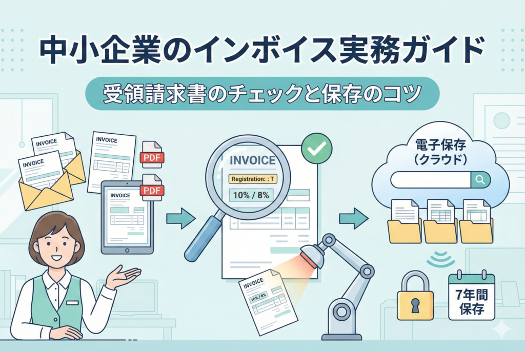 中小企業向けのインボイス実務ガイドのアイキャッチ画像です。経理担当の女性が、紙やPDFで受領した請求書を虫眼鏡でチェックし、登録番号や税率を確認した後、スキャナーで読み取ってクラウドストレージへ電子保存し、7年間保管するまでの流れがイラストで分かりやすく図解されています。