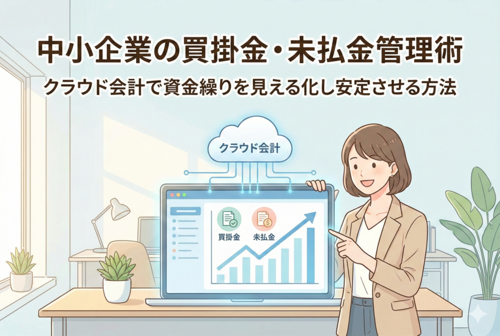 クラウド会計ソフトで買掛金と未払金を見える化し、右肩上がりの資金繰りグラフを指さす女性経営者のイラスト。記事タイトル『中小企業の買掛金・未払金管理術』が記載されている。