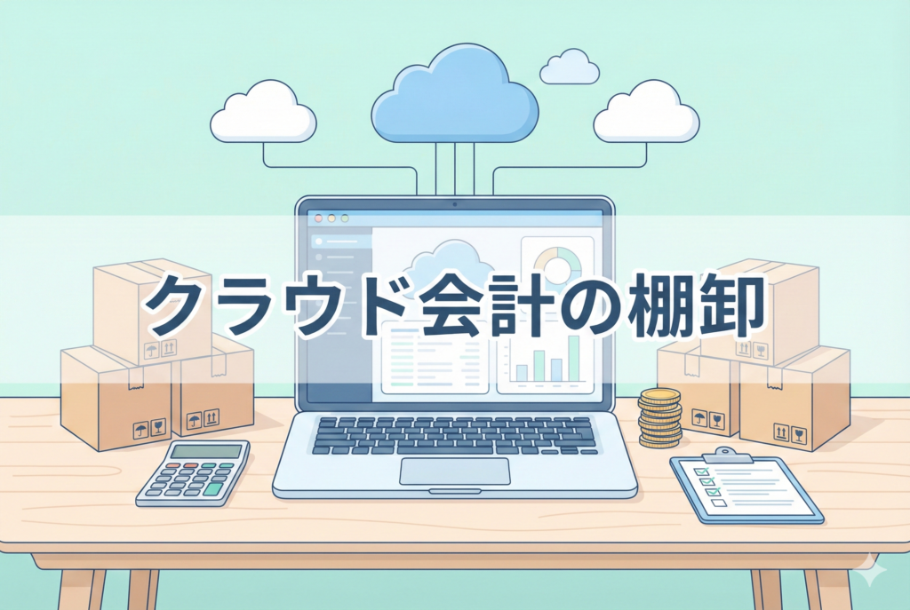 「クラウド会計の棚卸」という文字が表示された、PCや在庫の段ボール、電卓などが並ぶデスクのイラスト。