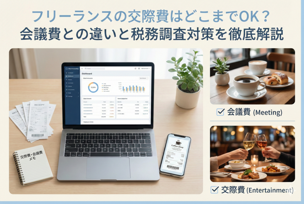 カフェのコーヒーと上品な手土産の菓子折り、クラウド会計ソフトが表示されたノートパソコンが並ぶデスクの画像。「フリーランスの交際費はどこまでOK？会議費との違いと税務調査対策を徹底解説」という日本語の見出しが入ったアイキャッチ。