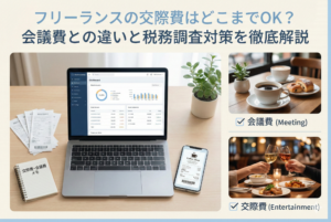 カフェのコーヒーと上品な手土産の菓子折り、クラウド会計ソフトが表示されたノートパソコンが並ぶデスクの画像。「フリーランスの交際費はどこまでOK？会議費との違いと税務調査対策を徹底解説」という日本語の見出しが入ったアイキャッチ。