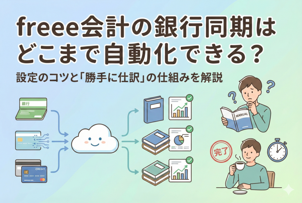 freee会計の銀行同期機能による自動仕訳の仕組みと、手動処理から解放され経理作業が完了してリラックスしている利用者のイラスト。