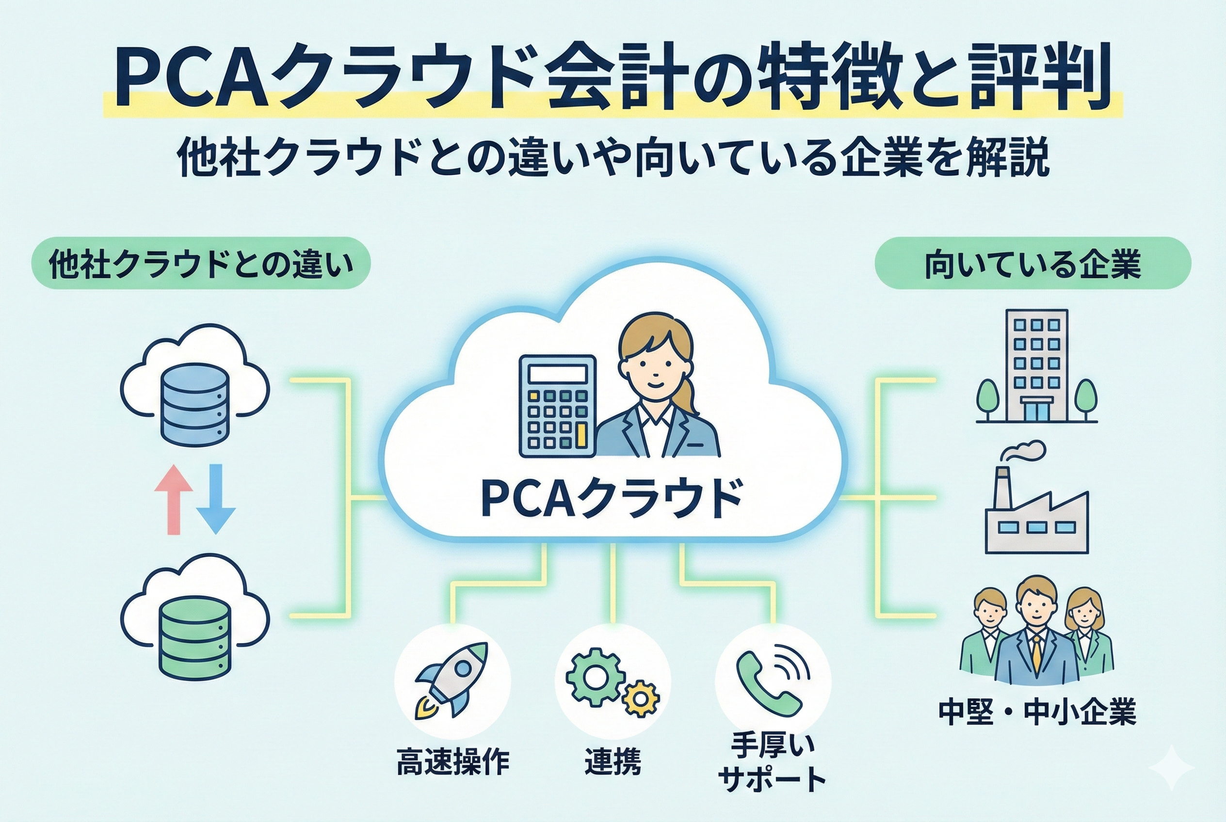PCAクラウド会計の特徴と評判を解説する記事のアイキャッチ画像。他社クラウドとの違いや、中堅・中小企業に向いている理由をイラストとアイコンで分かりやすく図解しています。