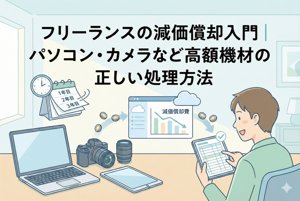 パソコンやカメラなどの高額機材が置かれたデスクで、カレンダーの年数経過（1年目、2年目、3年目）とともにクラウド会計ソフトのグラフ（減価償却費）へ費用が配分されていく様子を見ているフリーランスのイラスト。「フリーランスの減価償却入門｜パソコン・カメラなど高額機材の正しい処理方法」という日本語のタイトルが入った親しみやすいアイキャッチ画像。