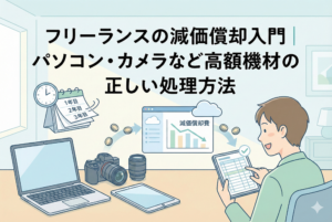 パソコンやカメラなどの高額機材が置かれたデスクで、カレンダーの年数経過（1年目、2年目、3年目）とともにクラウド会計ソフトのグラフ（減価償却費）へ費用が配分されていく様子を見ているフリーランスのイラスト。「フリーランスの減価償却入門｜パソコン・カメラなど高額機材の正しい処理方法」という日本語のタイトルが入った親しみやすいアイキャッチ画像。