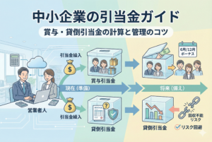 中小企業向けの引当金管理をテーマにしたアイキャッチ画像です。将来のボーナス支払いに備える「賞与引当金」と、売掛金の回収リスクに備える「貸倒引当金」という2つの主要な概念が、貯金箱や電卓、カレンダーなどのイラストと共に分かりやすく図解されています。