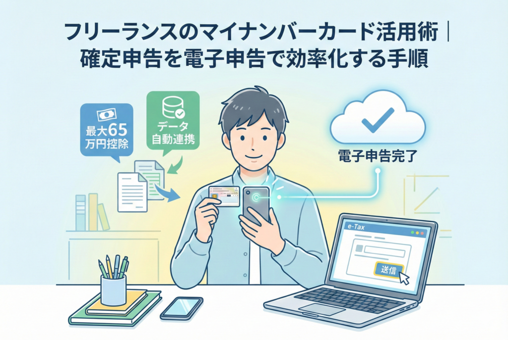 「フリーランスのマイナンバーカード活用術」というタイトルとともに、マイナンバーカードをスマートフォンで読み取り、ノートパソコンで確定申告(e-Tax)をスムーズに進めるフリーランスのイラスト。背景にはデジタル化による効率アップをイメージしたアイコンが描かれています。