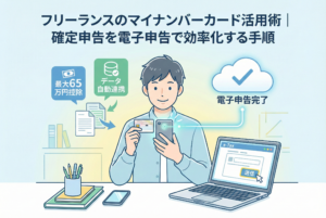 「フリーランスのマイナンバーカード活用術」というタイトルとともに、マイナンバーカードをスマートフォンで読み取り、ノートパソコンで確定申告（e-Tax）をスムーズに進めるフリーランスのイラスト。背景にはデジタル化による効率アップをイメージしたアイコンが描かれています。