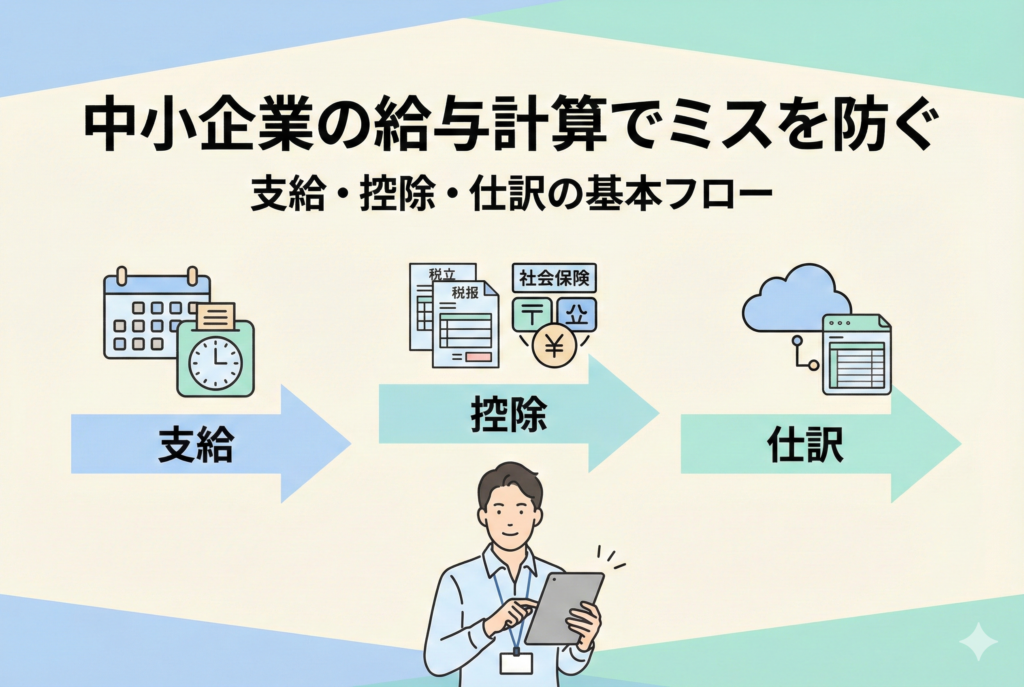 中小企業の担当者がタブレットを操作しながら、「支給」「控除」「仕訳」という給与計算の3つの基本フローを確認している様子のイラスト。カレンダー、税金・社会保険の書類、クラウド会計ソフトのアイコンが矢印でつながり、ミスを防ぐための流れを視覚的に表現しています。