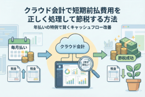 クラウド会計を活用して短期前払費用（家賃などの年払い）を処理し、節税効果を得ているイメージイラスト。カレンダーやお金のアイコンで、翌年分をまとめて経費にする仕組みを分かりやすく表現している。