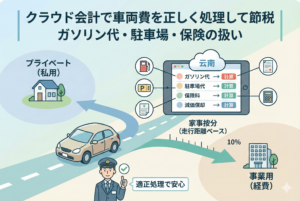 クラウド会計ソフトを活用して車両費の経理処理を行う様子を描いたイラスト。車、給油ポンプ、駐車場、保険のアイコンが並び、「クラウド会計で車両費を正しく処理して節税」という日本語のタイトルが添えられた、パステルカラー基調の清潔感のあるデザイン。