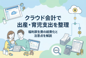 「クラウド会計で出産・育児支出を整理」というタイトル文字が入った、育児中の夫婦がタブレットで経理作業をする様子と、クラウド、領収書、電卓などのアイコンが描かれた清潔感のあるイラスト。