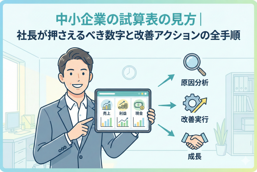 「中小企業の試算表の見方｜社長が押さえるべき数字と改善アクションの全手順」というタイトルのアイキャッチ画像。笑顔の男性経営者が、売上・利益・現金がグラフで表示されたタブレット端末を指差し、そこから「原因分析」「改善実行」「成長」へとつながる矢印とアイコンが描かれている。親しみやすいイラスト調のデザイン。