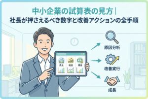 「中小企業の試算表の見方｜社長が押さえるべき数字と改善アクションの全手順」というタイトルのアイキャッチ画像。笑顔の男性経営者が、売上・利益・現金がグラフで表示されたタブレット端末を指差し、そこから「原因分析」「改善実行」「成長」へとつながる矢印とアイコンが描かれている。親しみやすいイラスト調のデザイン。