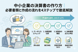 中小企業の決算書の作り方を解説するアイキャッチ画像。必要書類の準備、記帳、決算整理、書類出力という4つのステップがフロー図で表現され、パソコンでクラウド会計ソフトを操作する清潔感のあるイラストが描かれています。
