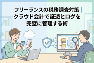 「フリーランスの税務調査対策」というタイトルが中央に配置され、クラウド会計ソフトを使ってデジタル化された領収書や取引データを完璧に管理している様子を描いたイラスト。背景には「盾」や「データの繋がり」をイメージしたアイコンが散りばめられ、堅実で安心感のある管理体制を視覚的に表現しています。