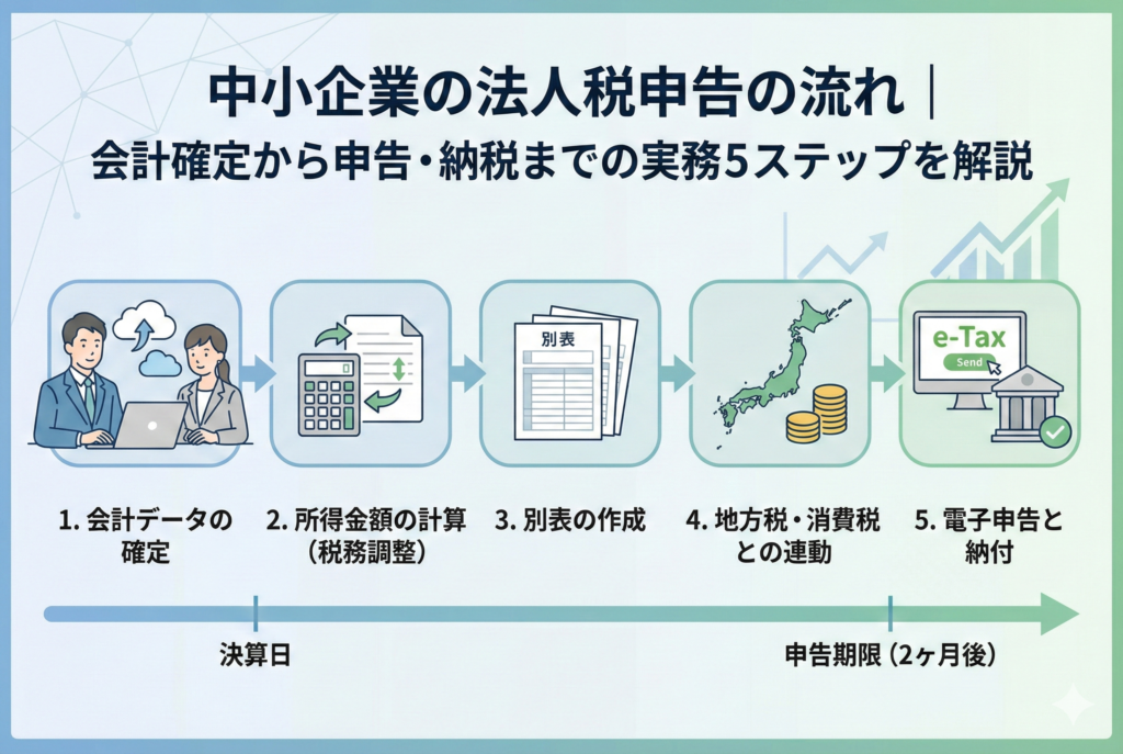 中小企業の法人税申告の流れを解説するアイキャッチ画像。会計確定から税務調整、申告書作成、電子申告、納税までの5つの実務ステップがフロー図で示され、パソコンでクラウド会計ソフトを操作するビジネスパーソンのイラストが描かれています。