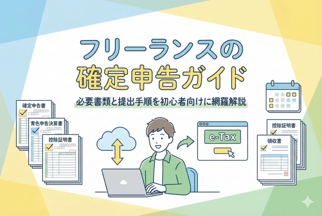 「フリーランスの確定申告ガイド 必要書類と提出手順を初心者向けに網羅解説」というタイトルが書かれたイラスト。PCでe-Taxを利用して確定申告を行うフリーランスの男性が描かれ、周囲には確定申告書、青色申告決算書、控除証明書、領収書などの必要書類がチェックマーク付きで整理されている。クラウド経由でのスムーズな提出プロセスを表現。