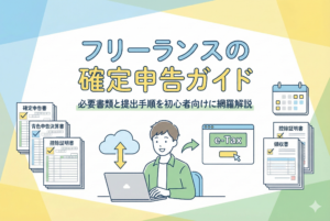 「フリーランスの確定申告ガイド 必要書類と提出手順を初心者向けに網羅解説」というタイトルが書かれたイラスト。PCでe-Taxを利用して確定申告を行うフリーランスの男性が描かれ、周囲には確定申告書、青色申告決算書、控除証明書、領収書などの必要書類がチェックマーク付きで整理されている。クラウド経由でのスムーズな提出プロセスを表現。