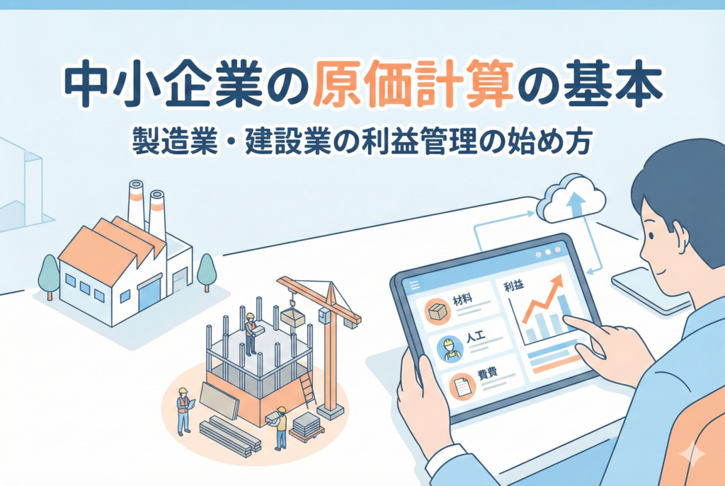 製造業の工場や建設現場のイラストを背景に、パソコンやクラウドツールで原価計算と利益管理を行う様子を表現したアイキャッチ画像。中央に「中小企業の原価計算の基本」「製造業・建設業の利益管理の始め方」という日本語の見出しが入っています。