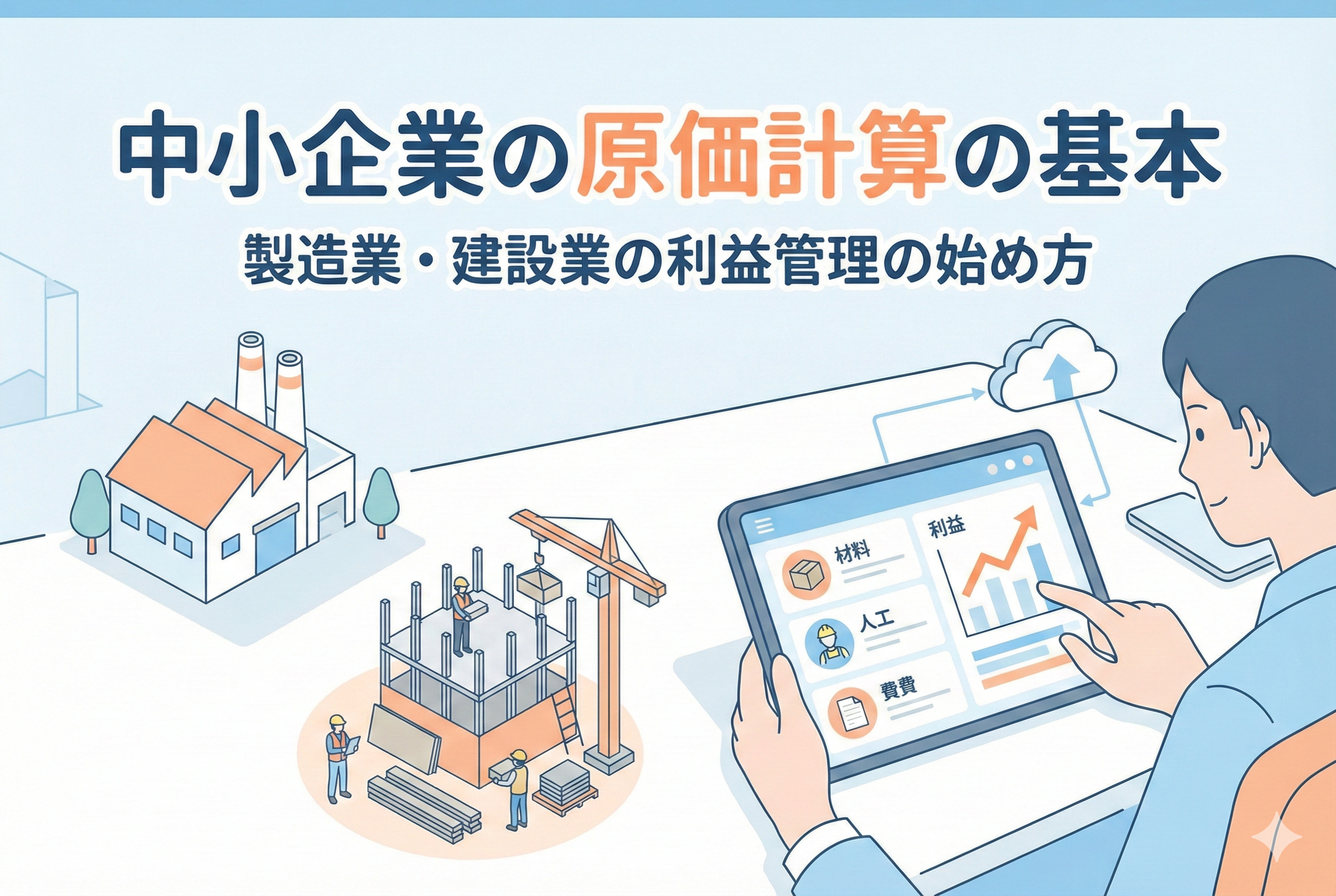 製造業の工場や建設現場のイラストを背景に、パソコンやクラウドツールで原価計算と利益管理を行う様子を表現したアイキャッチ画像。中央に「中小企業の原価計算の基本」「製造業・建設業の利益管理の始め方」という日本語の見出しが入っています。