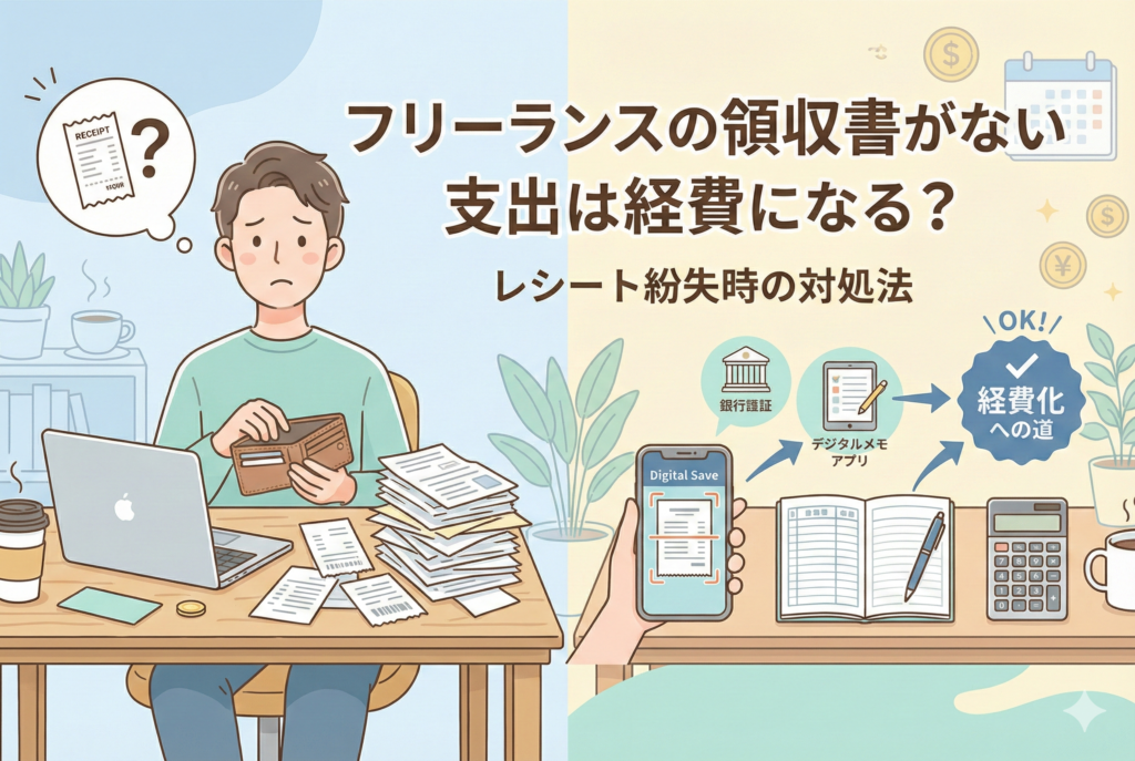 領収書を紛失して困っているフリーランスのイラストと、銀行振込やデジタル記録などの解決策を示す図解。「フリーランスの領収書がない支出は経費になる？レシート紛失時の対処法」という日本語タイトルが入った、清潔感のある明るいデザインのアイキャッチ画像。