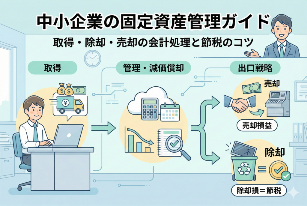 中小企業向けの固定資産管理ガイドのアイキャッチ画像です。資産の「取得」から始まり、「管理・減価償却」を経て、「出口戦略」として「売却」または「除却」に至るまでのライフサイクルが、親しみやすいイラストとフロー図で分かりやすく表現されています。