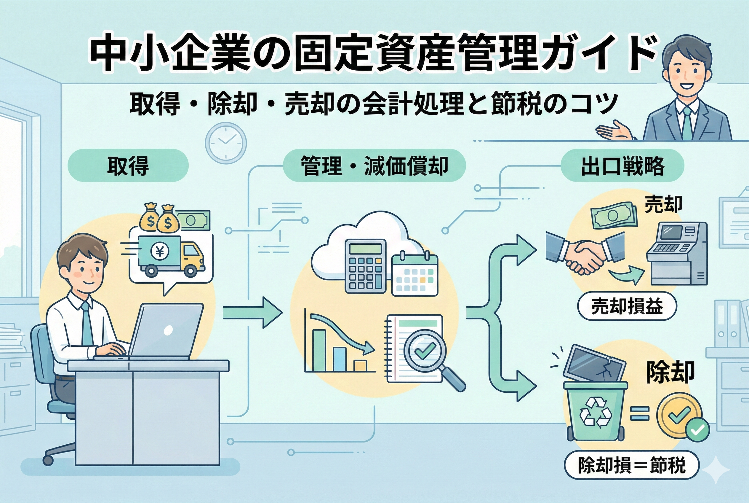 中小企業向けの固定資産管理ガイドのアイキャッチ画像です。資産の「取得」から始まり、「管理・減価償却」を経て、「出口戦略」として「売却」または「除却」に至るまでのライフサイクルが、親しみやすいイラストとフロー図で分かりやすく表現されています。