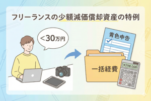 「フリーランスの少額減価償却資産の特例」というタイトルの下、30万円未満のパソコンやカメラが、青色申告によって一括経費として処理される流れを説明した親しみやすいイラスト。電卓には「¥298,000」と表示されている。