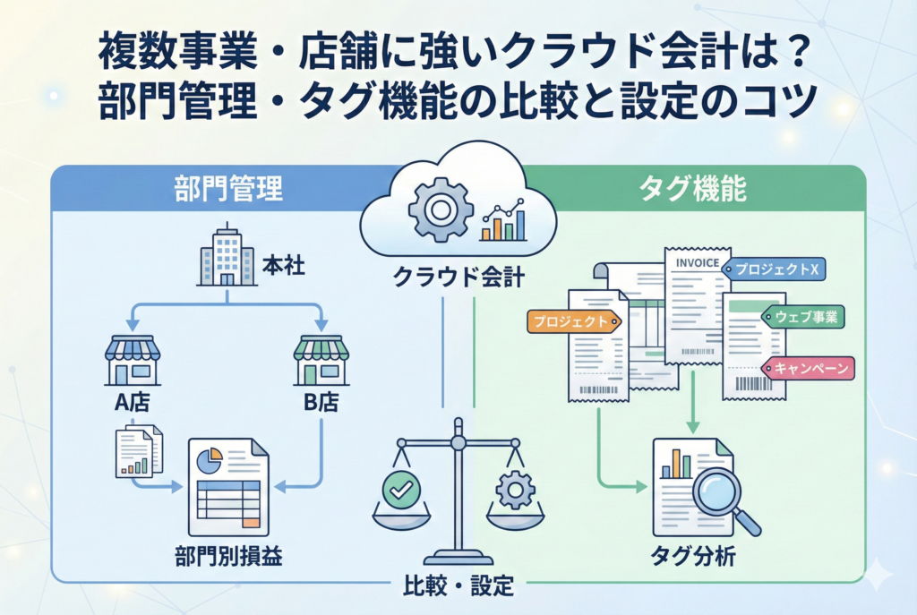 複数事業や多店舗経営におけるクラウド会計ソフトの活用法を図解したアイキャッチ画像。「複数事業・店舗に強いクラウド会計は？部門管理・タグ機能の比較と設定のコツ」というタイトル文字と、階層型の「部門管理」と柔軟な「タグ機能」それぞれの仕組み、比較、設定の流れをイラストで示している。