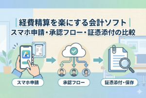 スマホアプリで領収書を撮影し、スムーズに経費精算と承認承認が行われているイラスト。記事タイトル「経費精算を楽にする会計ソフト」の文字が入っています。