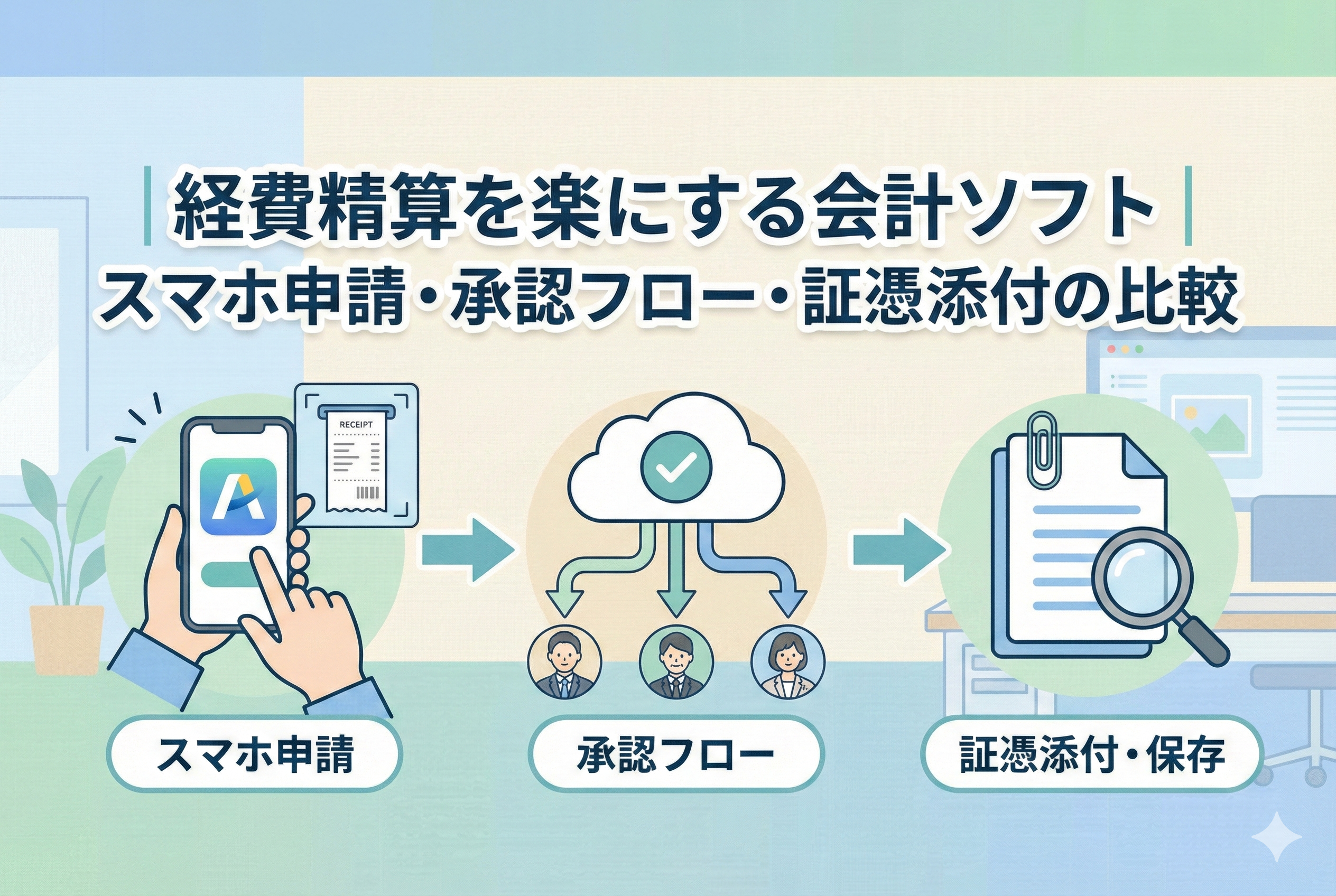 スマホアプリで領収書を撮影し、スムーズに経費精算と承認承認が行われているイラスト。記事タイトル「経費精算を楽にする会計ソフト」の文字が入っています。