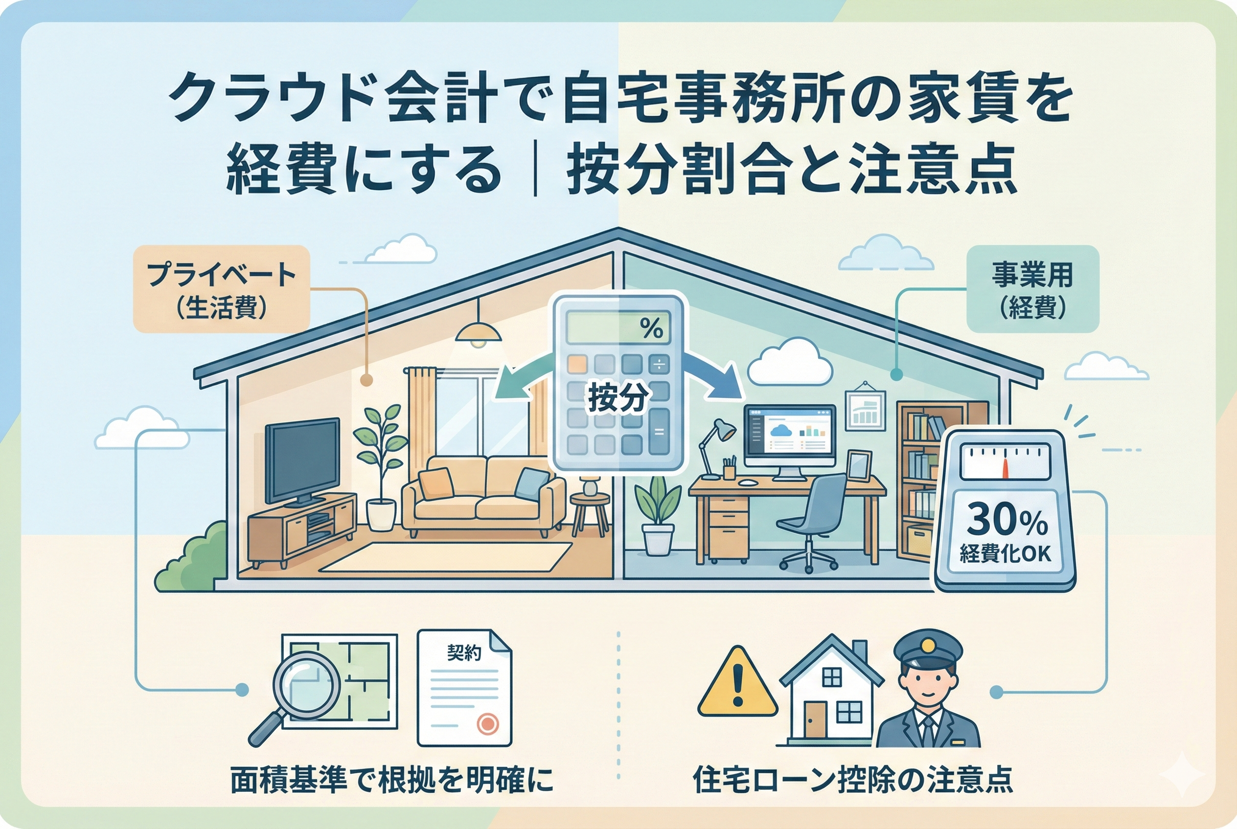 クラウド会計を使って自宅家賃の家事按分を行う様子を描いたイラスト。間取り図に基づいた仕事スペースの割合(30%など)を計算し、パソコンでスマートに管理する清潔感のあるデザイン。