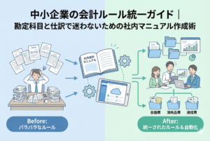 「中小企業の会計ルール統一ガイド」のアイキャッチ画像。左側は書類に埋もれて混乱する「バラバラなルール」の状態、中央は解決策となる「社内会計マニュアル」と「クラウド会計」のツール。右側は勘定科目が整理され、チームが効率的に働く「統一されたルール＆自動化」の状態を示すビフォーアフターのイラスト。