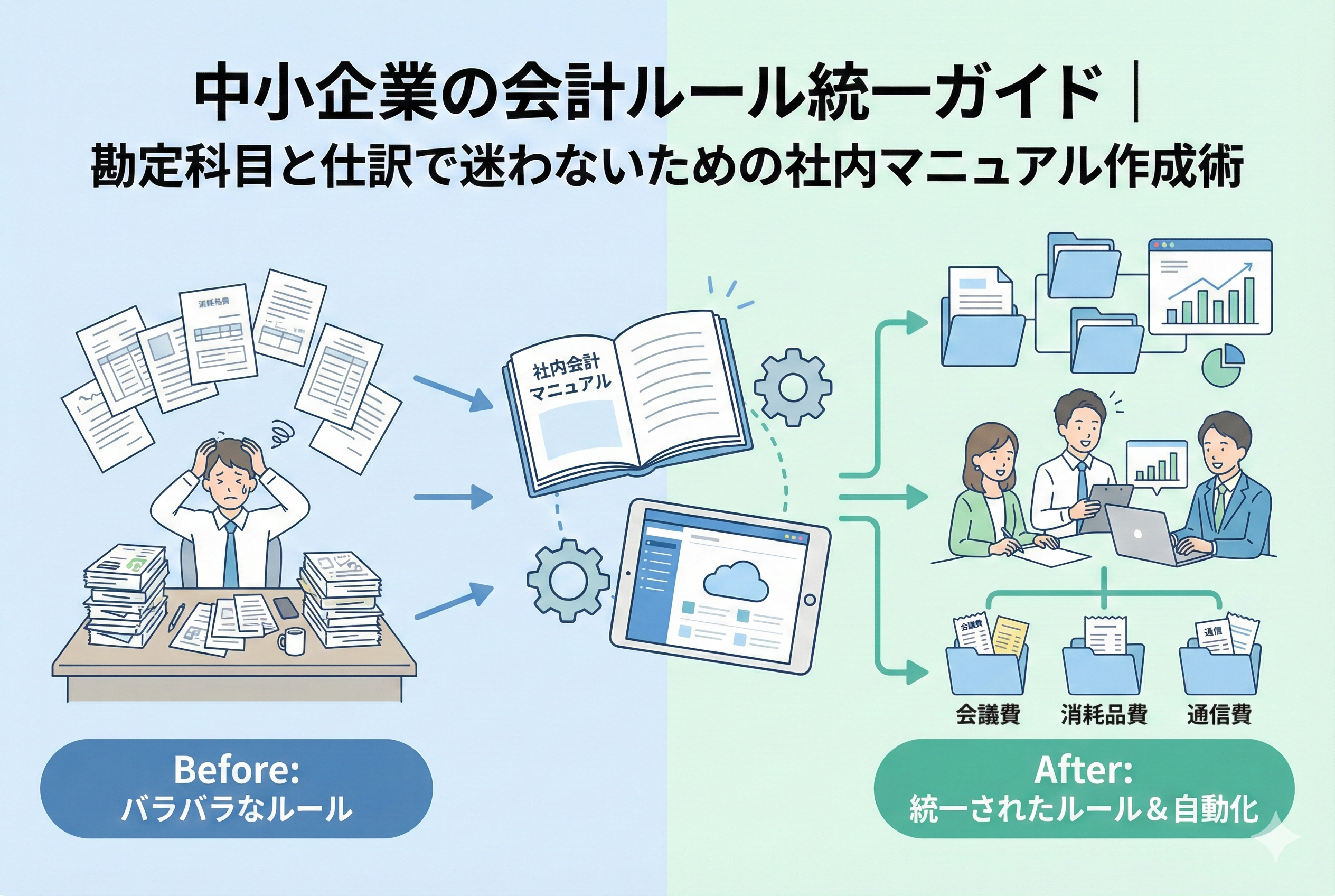 「中小企業の会計ルール統一ガイド」のアイキャッチ画像。左側は書類に埋もれて混乱する「バラバラなルール」の状態、中央は解決策となる「社内会計マニュアル」と「クラウド会計」のツール。右側は勘定科目が整理され、チームが効率的に働く「統一されたルール＆自動化」の状態を示すビフォーアフターのイラスト。