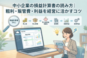 中小企業向けの損益計算書の読み方を解説するアイキャッチ画像。ノートパソコンでクラウド会計ソフトのP/L画面を見る女性と、売上高から売上原価を引いて粗利、さらに販管費を引いて営業利益、経常利益へとつながる損益計算書の構造を示すフロー図が描かれている。中央上部には「中小企業の損益計算書の読み方｜粗利・販管費・利益を経営に活かすコツ」というタイトル文字がある。