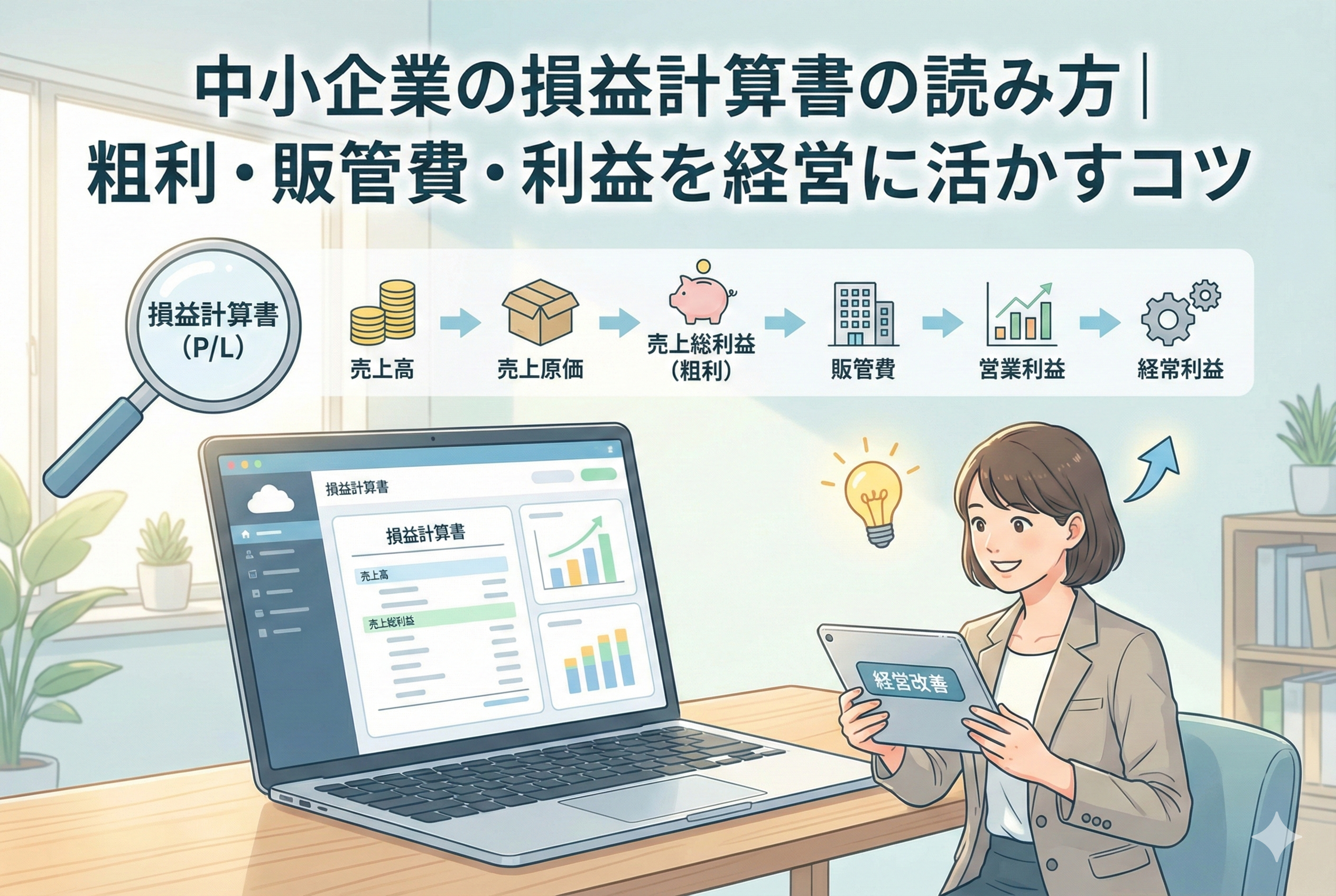 中小企業向けの損益計算書の読み方を解説するアイキャッチ画像。ノートパソコンでクラウド会計ソフトのP/L画面を見る女性と、売上高から売上原価を引いて粗利、さらに販管費を引いて営業利益、経常利益へとつながる損益計算書の構造を示すフロー図が描かれている。中央上部には「中小企業の損益計算書の読み方｜粗利・販管費・利益を経営に活かすコツ」というタイトル文字がある。