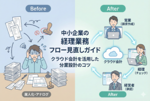 「中小企業の経理業務フロー見直しガイド」というタイトルとともに、クラウド会計を中心に、請求・支払・記帳の各業務が歯車のようにスムーズに連携し、ビジネスパーソンが協力して働く様子を描いたイラスト。清潔感のある薄いブルーを基調とした、精緻で親しみやすいデザイン。