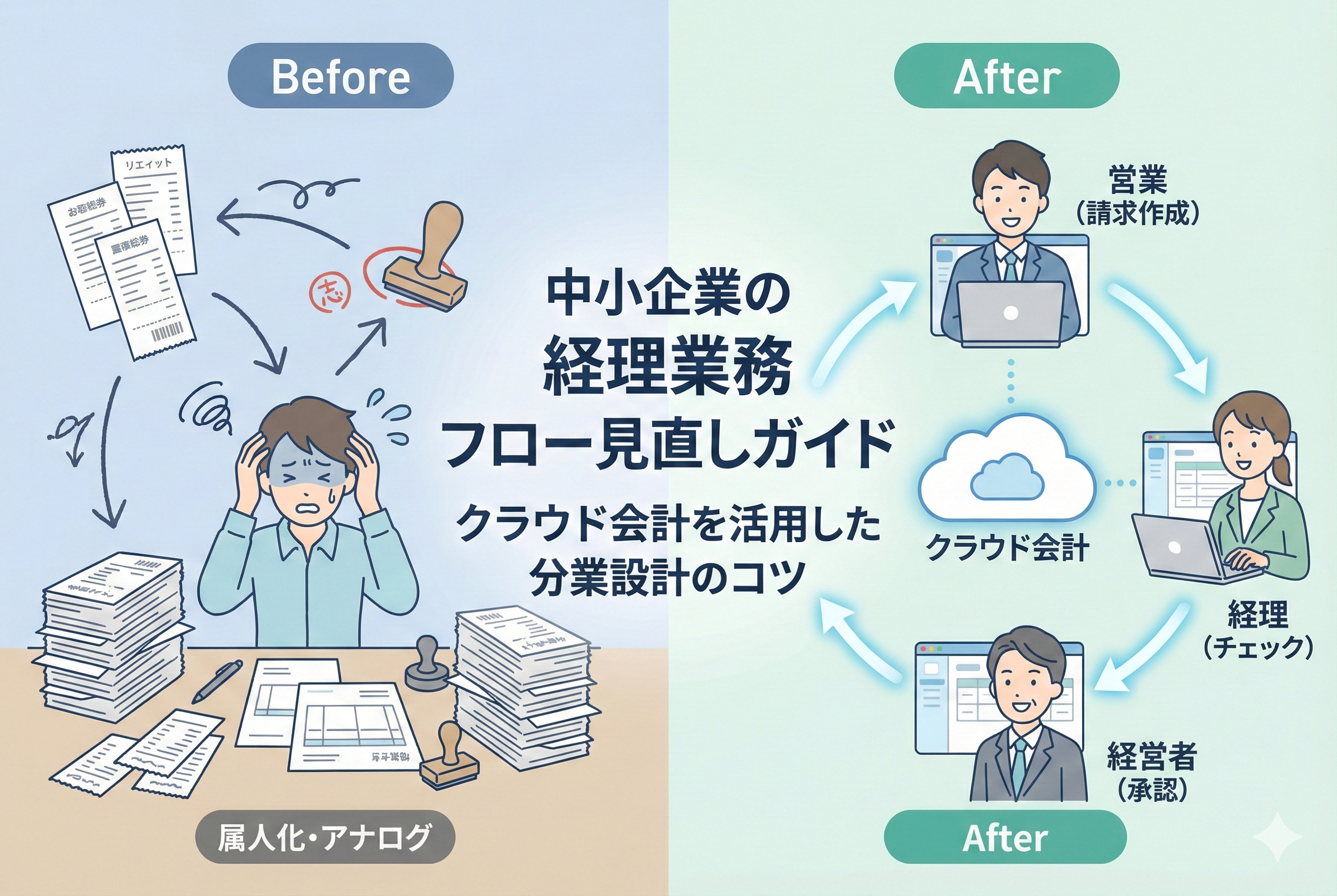 「中小企業の経理業務フロー見直しガイド」というタイトルとともに、クラウド会計を中心に、請求・支払・記帳の各業務が歯車のようにスムーズに連携し、ビジネスパーソンが協力して働く様子を描いたイラスト。清潔感のある薄いブルーを基調とした、精緻で親しみやすいデザイン。