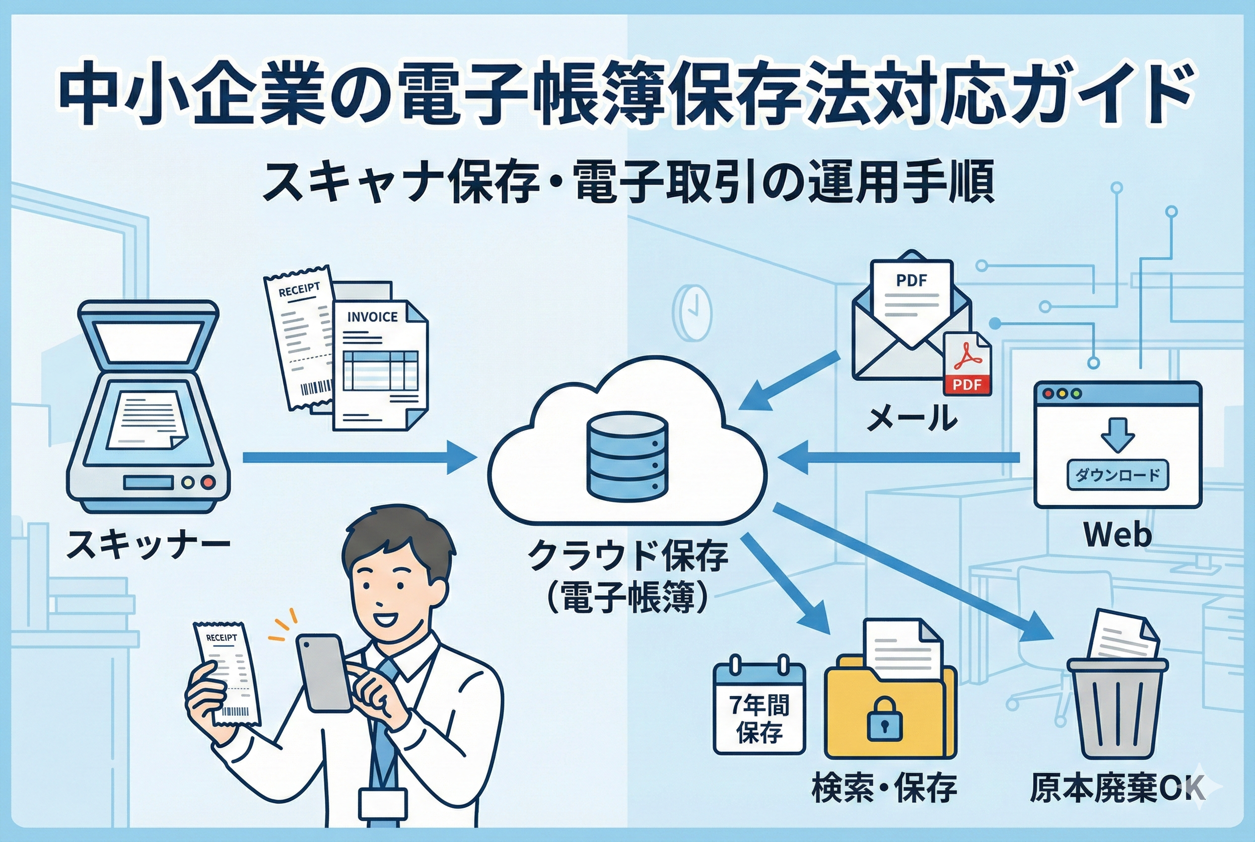 中小企業向けの電子帳簿保存法対応ガイドのアイキャッチ画像です。紙の領収書をスキャナーやスマートフォンでデジタル化する「スキャナ保存」と、メールやWebからダウンロードしたデータを保存する「電子取引」の流れが、クラウド保存を中心に分かりやすく図解されています。