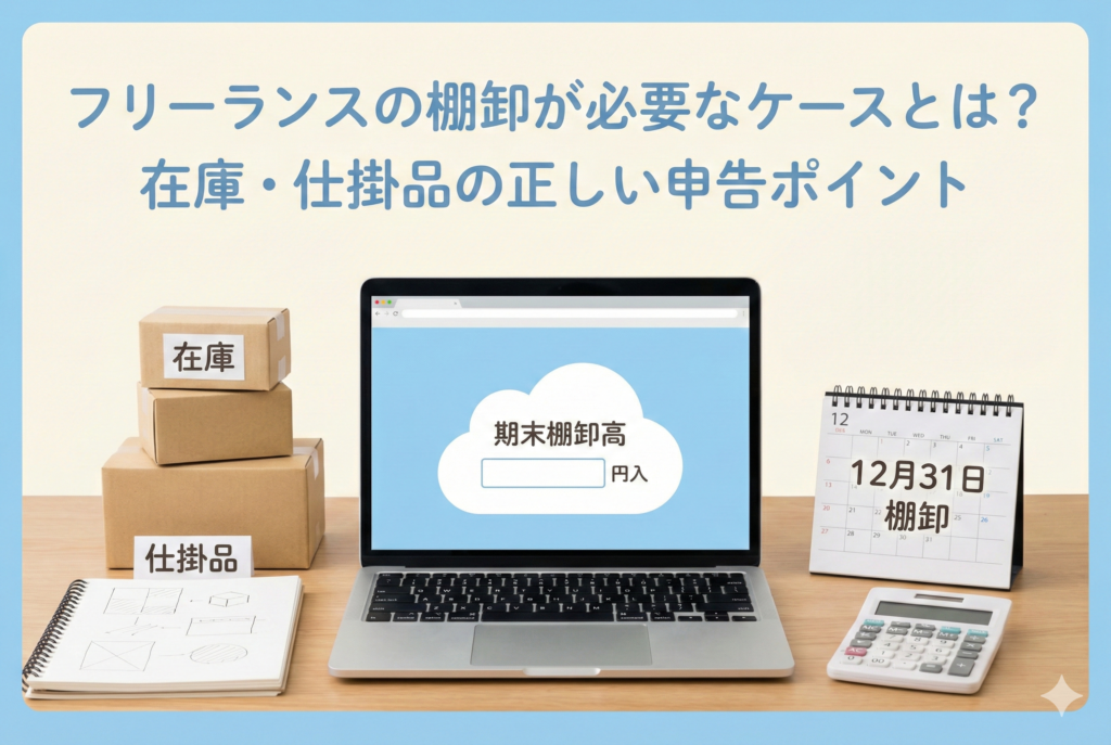 整理された棚にある商品在庫や未完成の制作物、それらをクラウド会計ソフトで管理しているノートパソコンが並ぶデスクの画像。「フリーランスの棚卸が必要なケースとは？在庫・仕掛品の正しい申告ポイント」という日本語の見出しが入ったアイキャッチ。