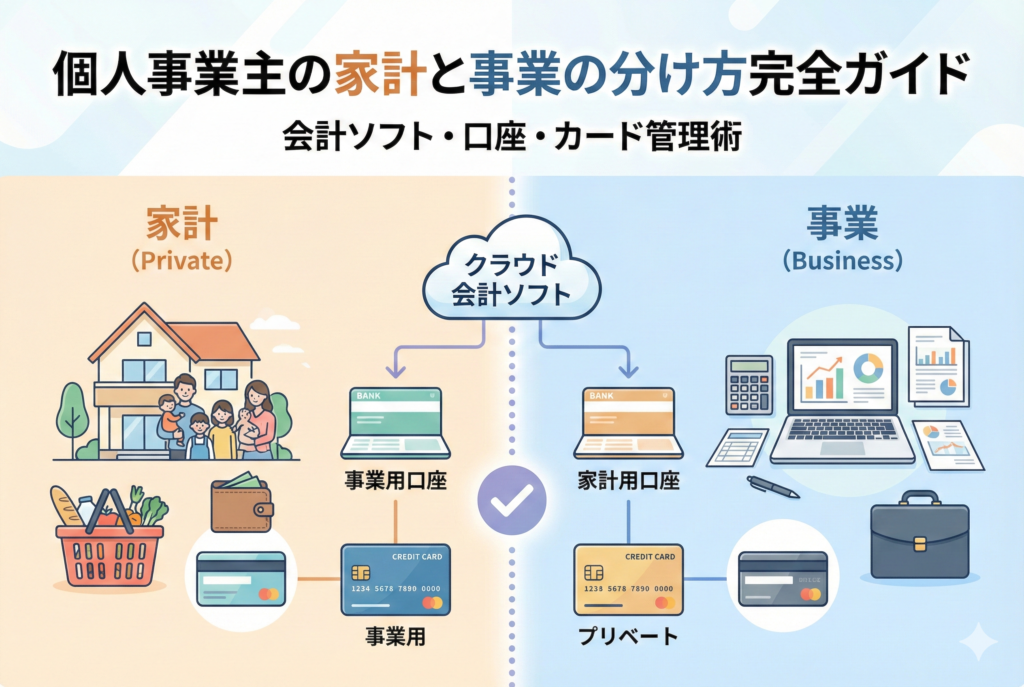 個人事業主向けに、家計（プライベート）と事業（ビジネス）のお金を、クラウド会計ソフト、それぞれの専用口座、クレジットカードを使って明確に分ける管理方法を図解したイラスト。「個人事業主の家計と事業の分け方完全ガイド」というタイトル文字入り。