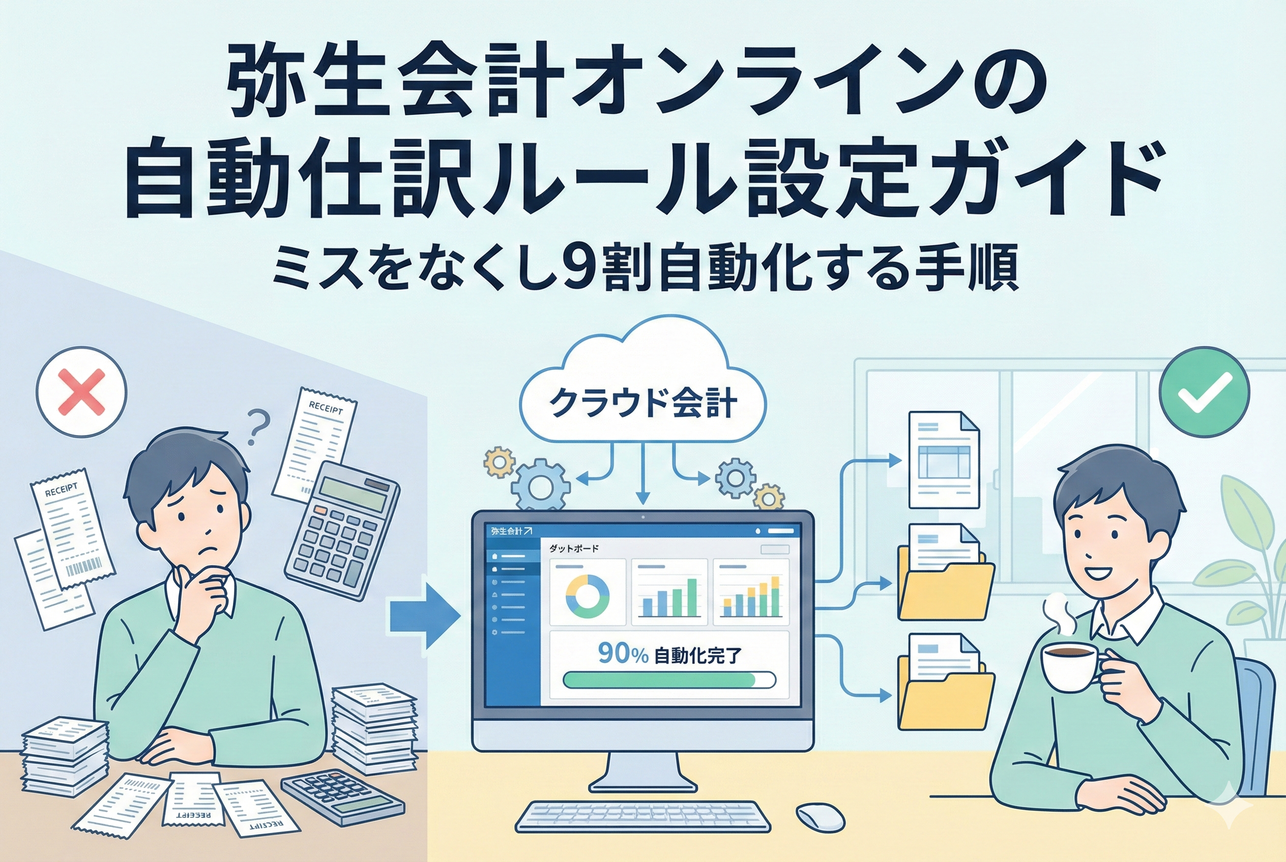 弥生会計オンラインの自動仕訳ルール設定ガイドのアイキャッチ画像。左側の手作業による煩雑な経理業務と、右側のクラウド会計を活用した9割自動化された効率的な業務を対比したイラスト。