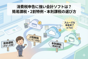 消費税申告の計算方法（簡易課税・2割特例・本則課税）と会計ソフトの選び方をイメージしたイラスト。「消費税申告に強い会計ソフトは？簡易課税・2割特例・本則課税の選び方」のタイトル文字入り。