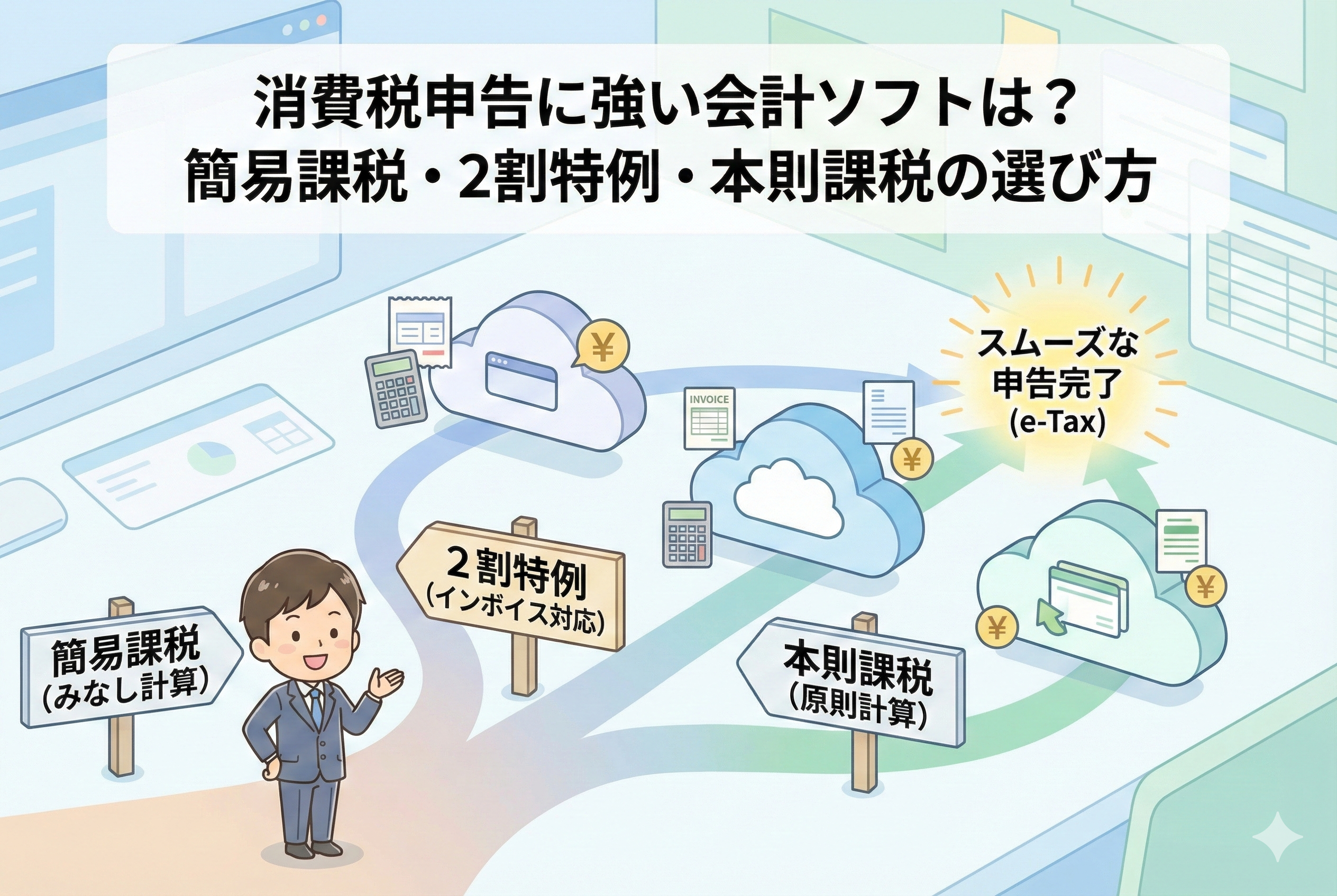 消費税申告の計算方法(簡易課税・2割特例・本則課税)と会計ソフトの選び方をイメージしたイラスト。「消費税申告に強い会計ソフトは?簡易課税・2割特例・本則課税の選び方」のタイトル文字入り。