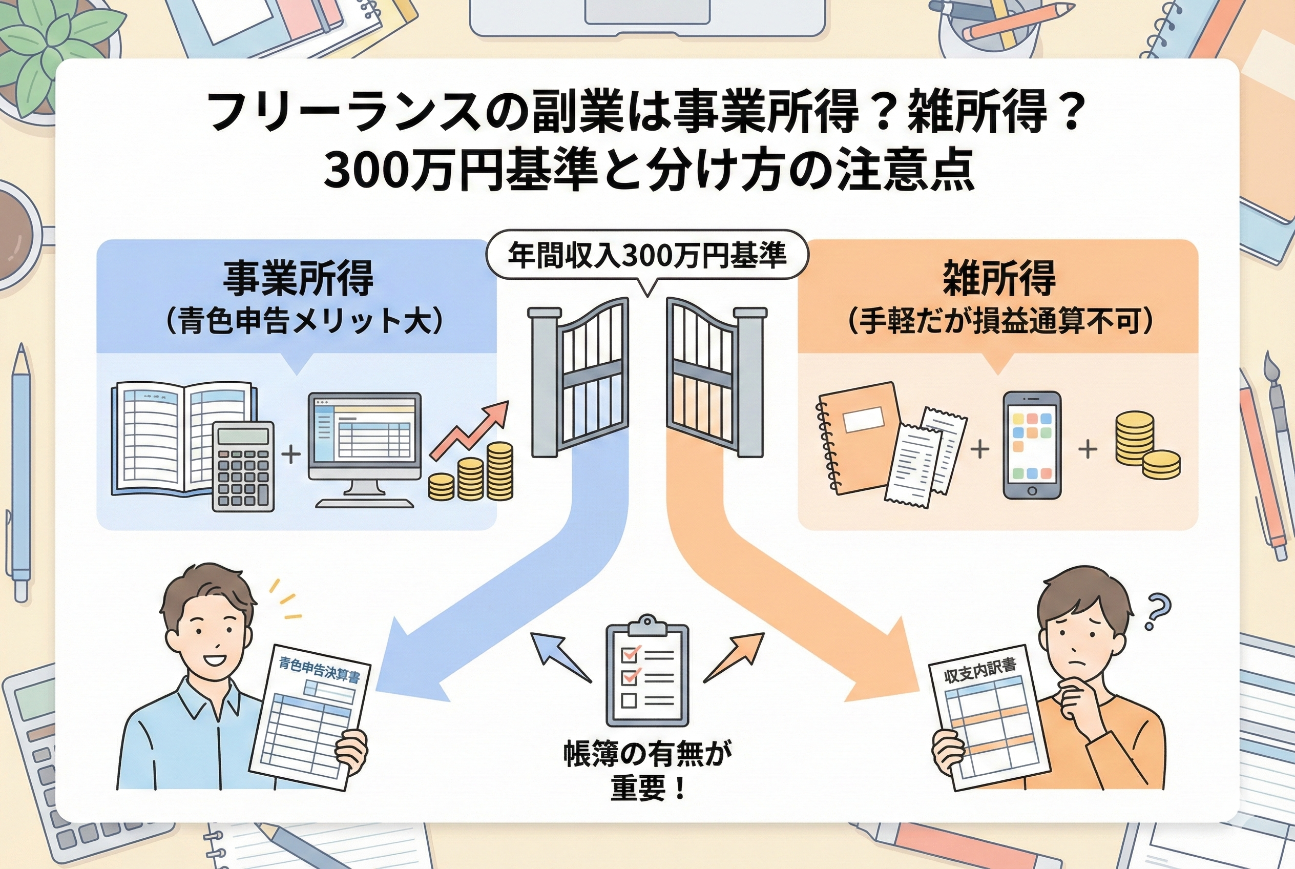 フリーランスの副業収入における事業所得と雑所得の分岐点を解説したイラスト。「年間収入300万円基準」のゲートと、「帳簿等の有無」によって、青色申告決算書を持つ「事業所得(青色申告メリット大)」と、収支内訳書を持つ「雑所得(手軽だが損益通算不可)」のどちらの道に進むかが分かれる様子を視覚的に表現しています。