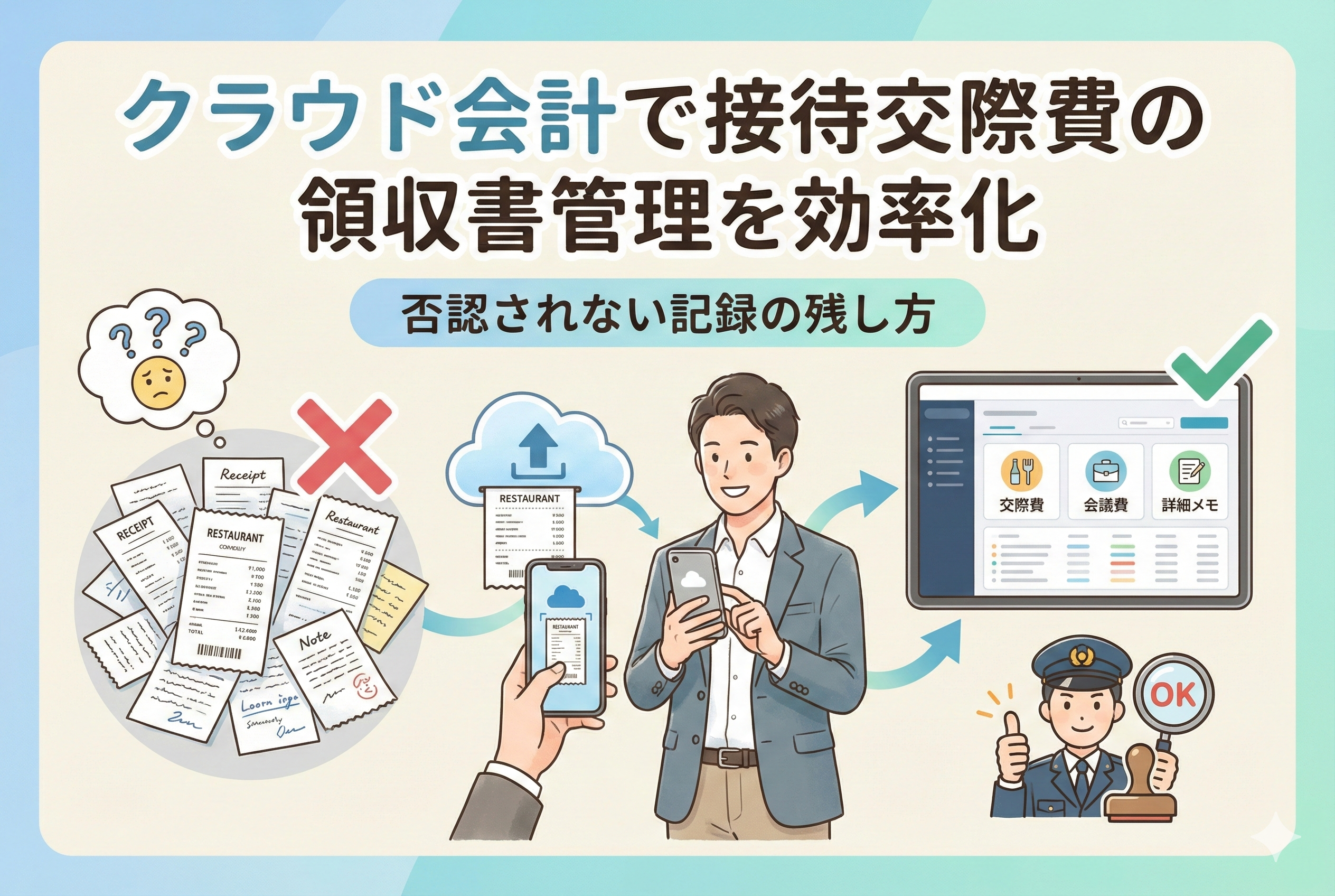クラウド会計を活用した接待交際費の領収書管理効率化の図解。左側の煩雑な紙の領収書管理が否定され、中央でスマホを使って領収書をクラウドにアップロードする様子が描かれています。右側ではタブレット上で交際費や会議費が整理され、税務職員が「OK」を出している、否認されない記録の残し方を示すイラストです。